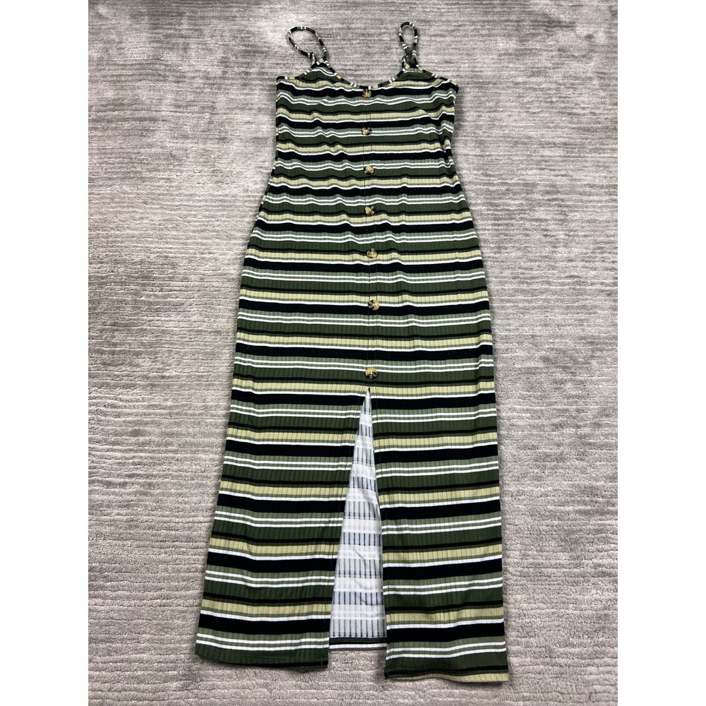 No Boundaries Maxi Dress Womens M Green Striped Ribbed Button Front Slit